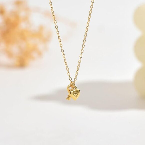 Heart Lock & Key Necklace 925 Sterling Silver Gold Plated Choker NWT - Picture 4 of 6